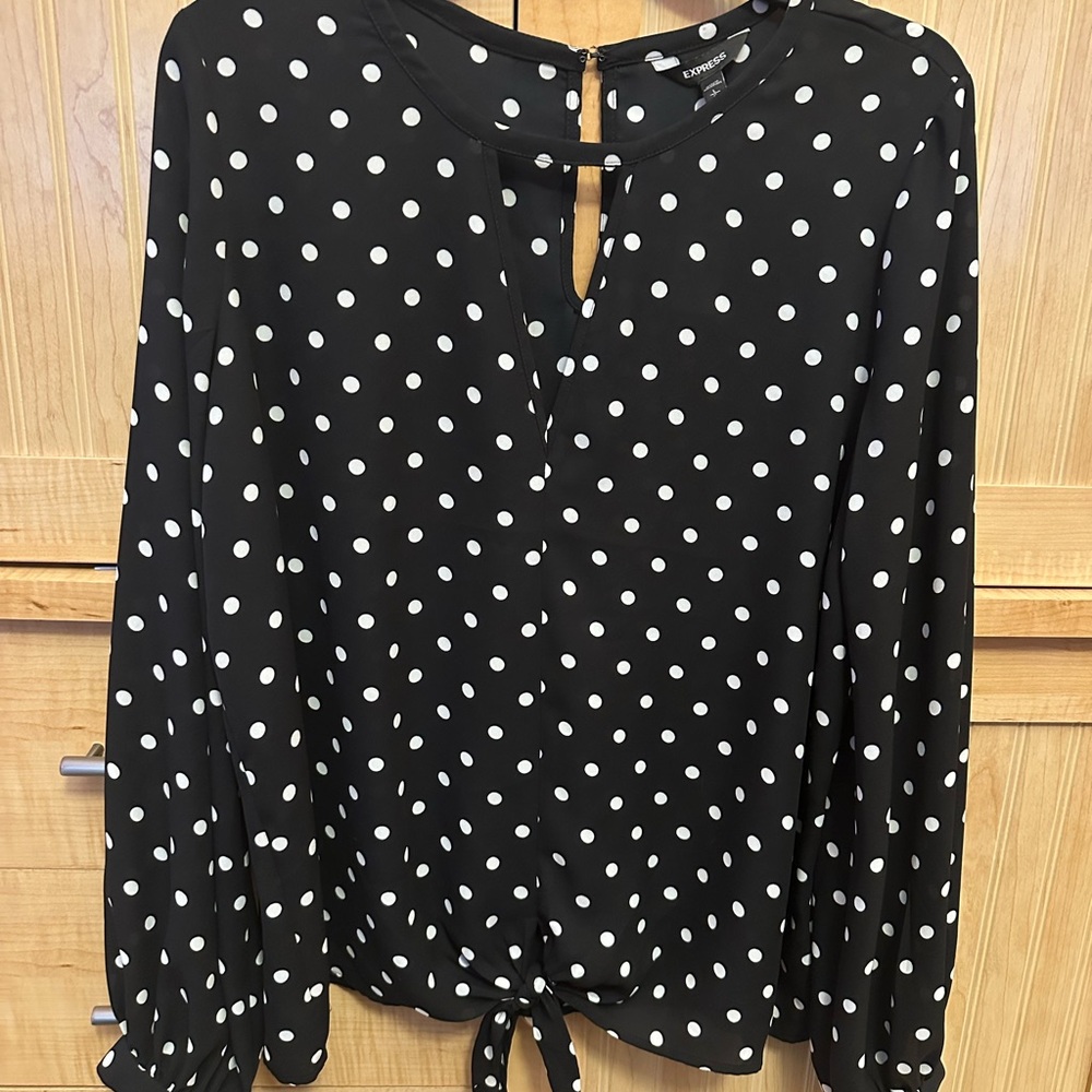 Express Black Polka Dot Blouse with Keyhole at Neckline